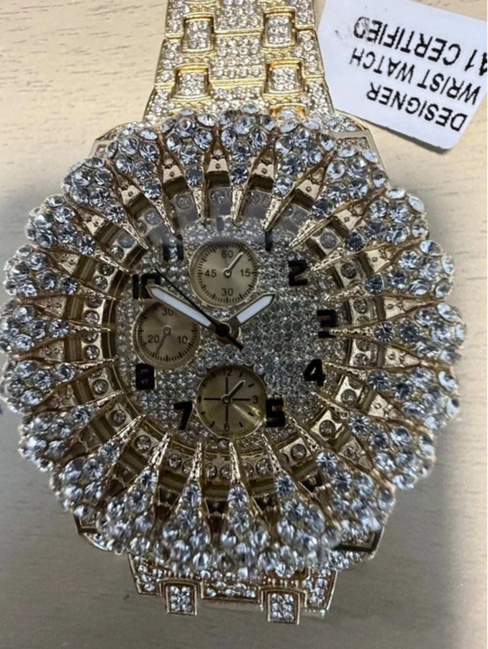 #843 Gold Tone Crystal Sunburst Bracelet Watch 45mm NWT Box